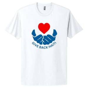 A white t-shirt with hands holding a heart.