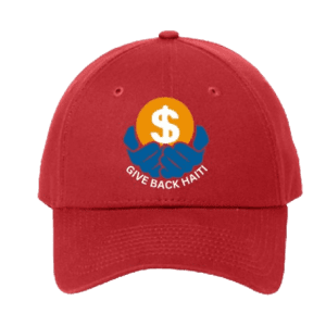 A red hat with the words give back haiti written on it.