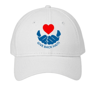 A white hat with a heart and hands on it.